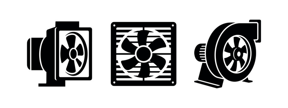 Centrifugal blower and extractor fan icons set, industrial ventilation equipment