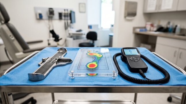 Professional podiatry clinic equipment for foot care examination and diagnosis.