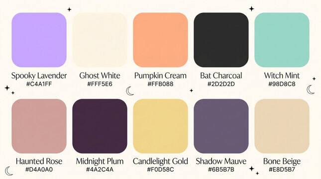 Halloween color palette with 10 swatches, spooky aesthetic hex codes, pastel and dark autumn tones for graphic design