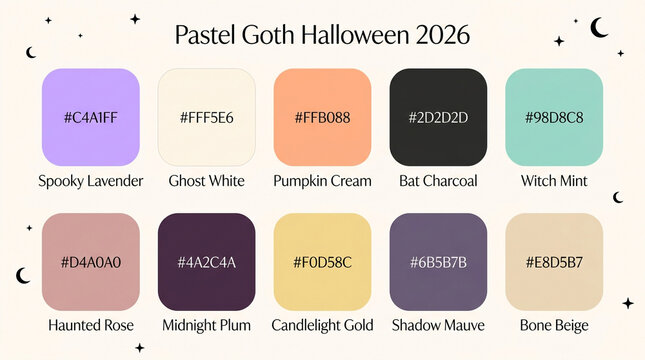 Pastel Goth Halloween 2026 color palette, spooky aesthetic swatches with hex codes, 10 seasonal branding colors for graphic design