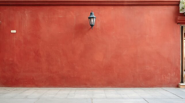 Weathered red stucco wall featuring vintage lantern and empty space creating minimal architectural background