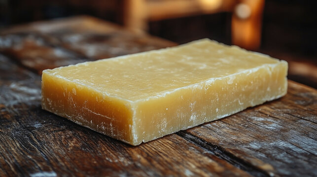 Artisan block of hard cheese on rustic wooden board, close-up, dairy product, gourmet food ingredient