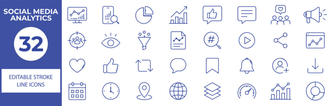 32 Social Media Analytics Vector Outline Icons Set,Engagement, Performance Metrics, Audience Insights and Marketing Line Symbols Collection