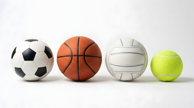 Four sports balls on a white background in a row