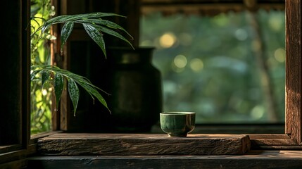 Fototapeta premium Still life featuring green ceramic cup on rustic wooden shelf, lush tropical foliage, and soft natural light