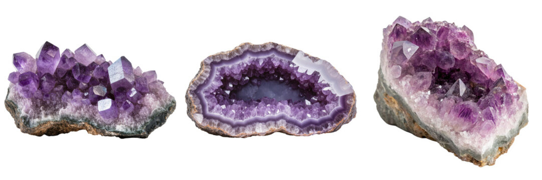 Three amethyst geode crystal clusters isolated on a white background