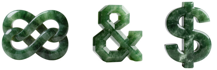 Three green jade symbols: infinity, ampersand, and dollar sign, isolated on a white background. © Trieu