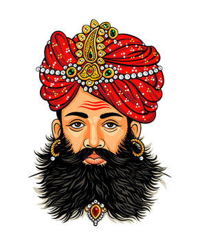 Traditional Indian Maharaja with Ornate Red Turban, Beard and Jewelry, Cartoon Vector Illustration...