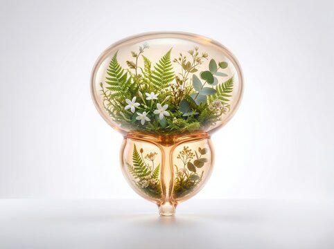 transparent glass human prostate gland filled with lush green foliage