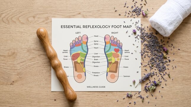 Reflexology foot map chart with wooden massage tool and lavender on wooden background.