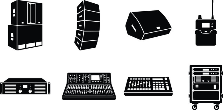 Vector silhouette icons of professional audio equipment including speakers, line arrays, mixing consoles, and stage gear