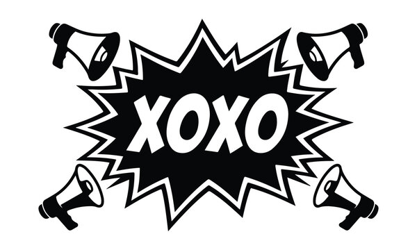 Black and white sketch of a comic speech bubble with hugs and kisses