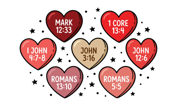 Seven hearts displaying bible verses with scripture and faith based messages