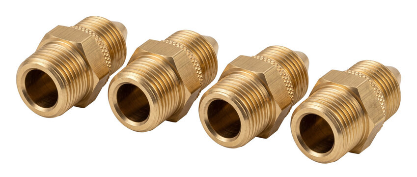 Brass pipe fitting threaded connector hardware arranged on black background for plumbing, gas, industrial engineering, metalwork, water supply, and manufacturing repair equipment replacement.