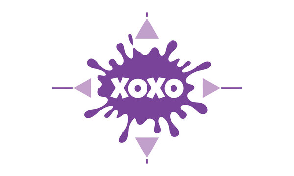 Vibrant purple splash with the text xoxo and geometric shapes on a white background