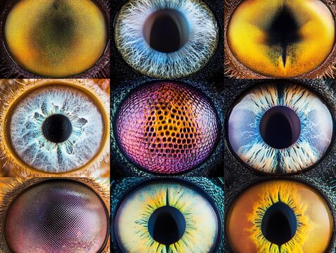 A collection of vibrant eye textures showcasing diverse patterns and colors in high detail