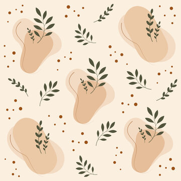 Pattern features various shapes and green leaves spread evenly across a light background with small dots for decoration