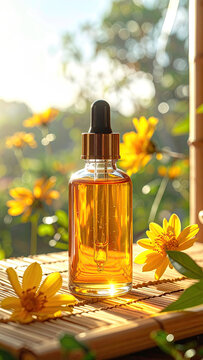 Glass Dropper Bottle with Essential Oil on Wooden Surface