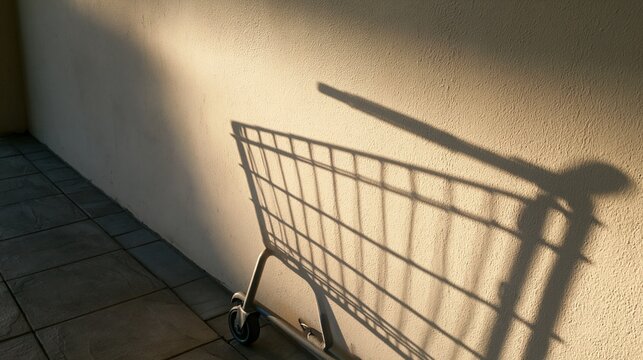 Empty shopping cart casting long shadow on textured wall beside tiled floor in warm sunlight