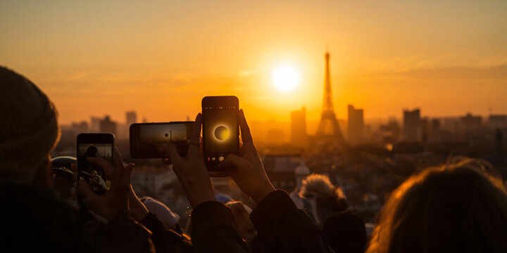 Tourists taking photos of Eiffel Tower at sunset with smartphones in Paris city skyline.