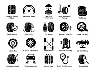 Tire system icons vector symbols set.Black flat design isolated on white background.Illustration of maintenance,check,repair,install for website-app development,service menus,technical-instructional. © apichat