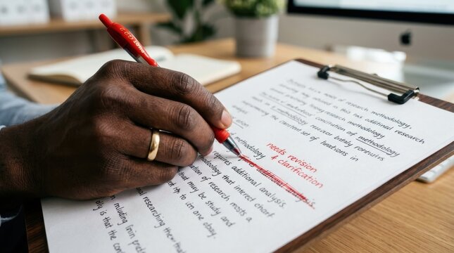 Professional editing handwritten corrections on printed document with red pen