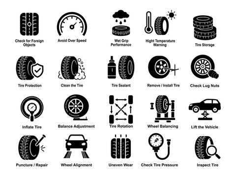 Tire system icons vector symbols set.Black flat design isolated on white background.Illustration of maintenance,check,repair,install for website-app development,service menus,technical-instructional.