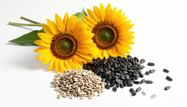 Sunflowers with Sunflower Seeds in Various Colors on White Background
