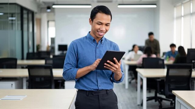 Busy young Indonesian business man executive standing in office using digital tablet. Young professional businessman corporate manager wearing suit and glasses holding tab working on finance project