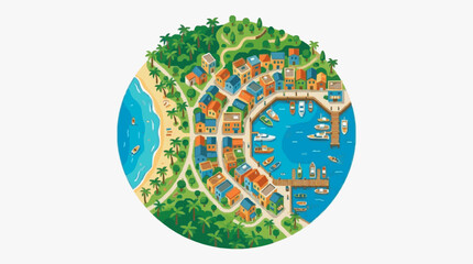 Naklejka premium Modern Illustrated Map of a Coastal Town with Colorful Buildings Beaches and Marina Boats with high quality professional line art symbols for modern creative design and digital branding projects