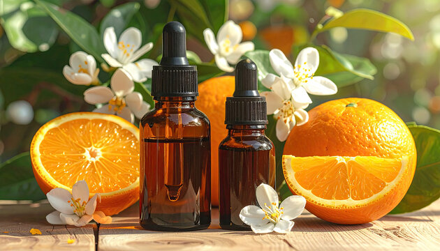 Essential Oil Bottles with Fresh Oranges and Blossoms