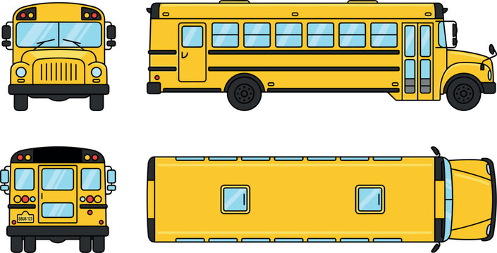 Yellow school bus vector vector illustration set from front side back and top view perspectives isolated on white background