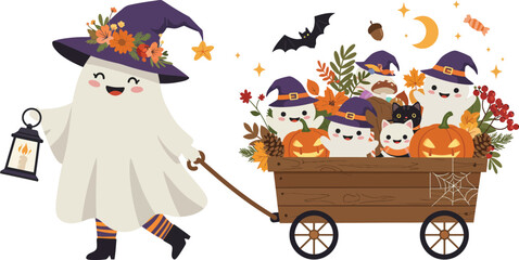 Naklejka premium A cute cartoon ghost wearing a witch hat pulls a wooden wagon filled with little ghosts pumpkins and autumn flowers for halloween