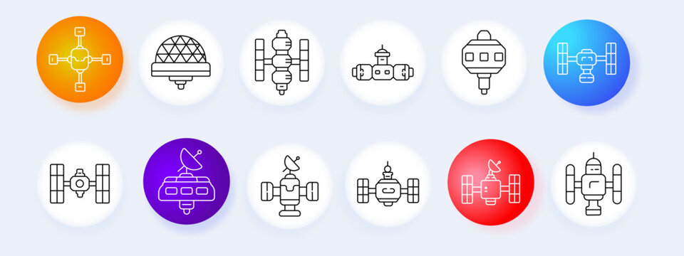 Space Stations set icon. Cross satellite, dome station, modular station, linked modules, capsule craft, orbital, iss structure, dish platform, antenna craft, core, dish module, multi module.