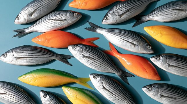 Colorful fish standing out among a group of silver fish on a blue surface showing individuality and diversity