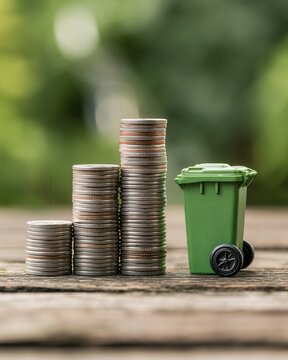 stacked coins increasing in height beside a miniature wheeled garbage bin on a wooden tabletop