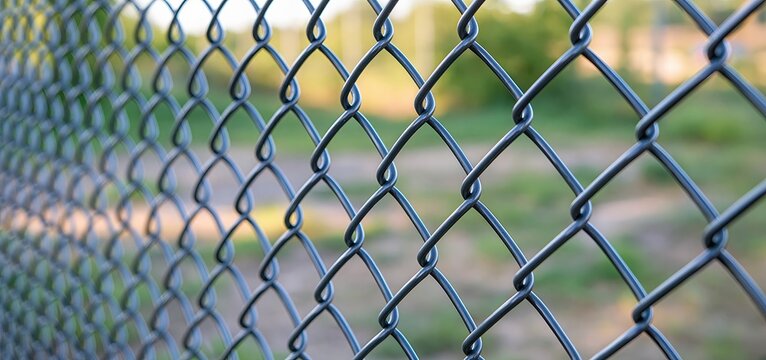 Outdoor scene featuring a robust metal fence with a woven wire design, highlighting strength and industrial style.