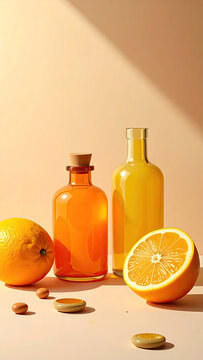 Colorful Bottles and Citrus Fruits on Minimalist Background