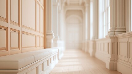 Fototapeta premium Sunlit corridor with cream wainscoting and cushioned bench, featuring classical columns and soft natural light.