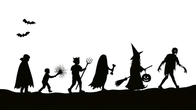 Groups of people wearing costumes such as a witch, ghost, and zombie move in a line on Halloween night. Bats fly in the background as they celebrate