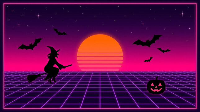 Retro synthwave Halloween landscape, witch flying on broomstick silhouette, neon 80s aesthetic with pumpkin and bats