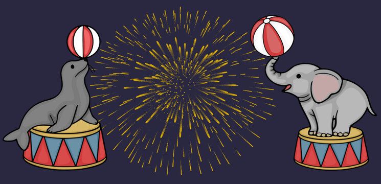 Circus vector banner with cute seal and elephant balancing balls on platforms with golden fireworks