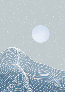 Ocean wave landscape illustration. Creative minimalist modern line art print. Abstract contemporary aesthetic backgrounds landscapes. with Ocean, sea, skyline, wave and sunset