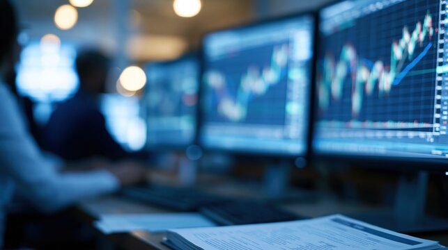 Blurry office scene with traders monitoring financial charts on multiple computer screens displaying market trends