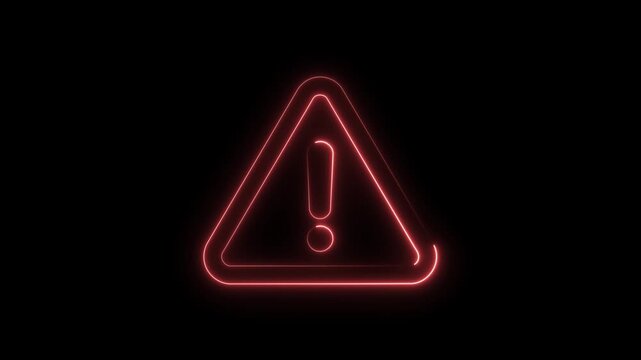 A vivid glowing red neon outline warning sign featuring an exclamation mark inside a prominent triangular shape symbol indicating danger or caution on a dark background