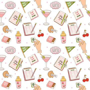 Cozy Game Night Seamless Pattern with Mahjong Cocktail Journal and Dice