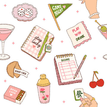 Cozy Game Night Seamless Pattern with Mahjong Cocktail Journal and Dice