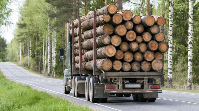 Heavy logging truck transporting stacked timber logs along a paved road through a dense green forest with birch trees