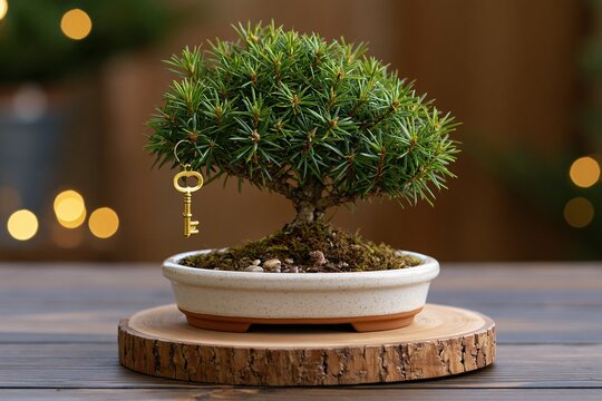 Small green bonsai tree in a ceramic pot with a golden key hanging from its branch on a wooden surface