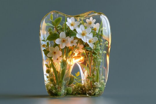 transparent glass human tooth filled with blooming white flowers, lush green plants and fresh botanical elements